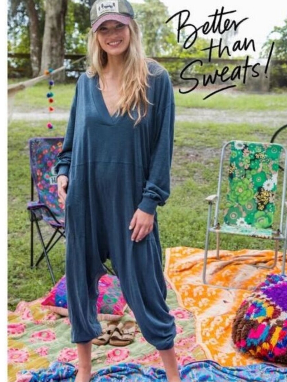 NATURAL LIFE JOHNNIE BETTER THAN SWEATS COTTON JUMPSUIT BLUE SZ M